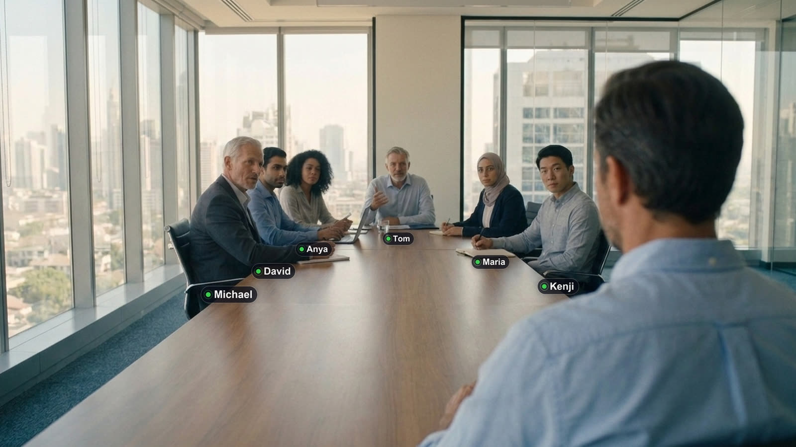 ממשק MeetTV: שישה משתתפים סביב שולחן אחד, לכל אחד לייבל עם שם וחיווי נוכחות ירוק